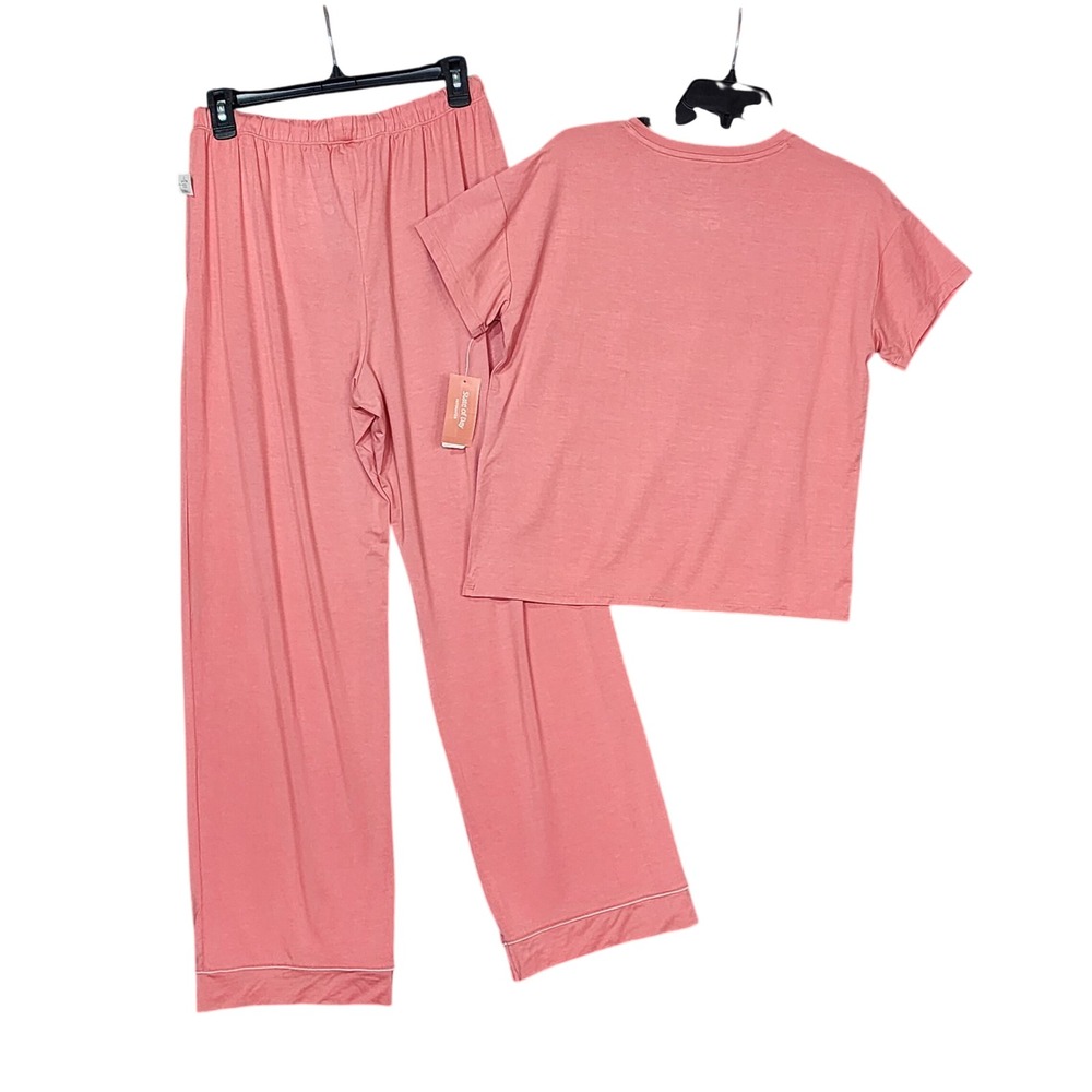 State of Day Soft Knit Pajama Set‎ Cozy Sea Coral Short Sleeve Wide Leg Large - Picture 3 of 4